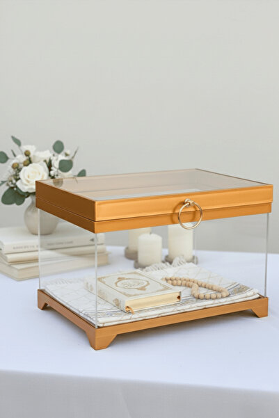 BYC Home & Design Altın/Gümüş Çerçeveli Pleksi Çeyiz Sandığı – Bohça, Söz, Nişan, Düğün İçin Kutlama Sandığı, 24×34×24