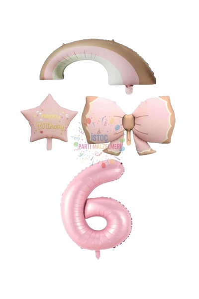 İSTOÇ PARTİ Pink Color Bow Rainbow Star and Number Foil Balloon Set Age 6