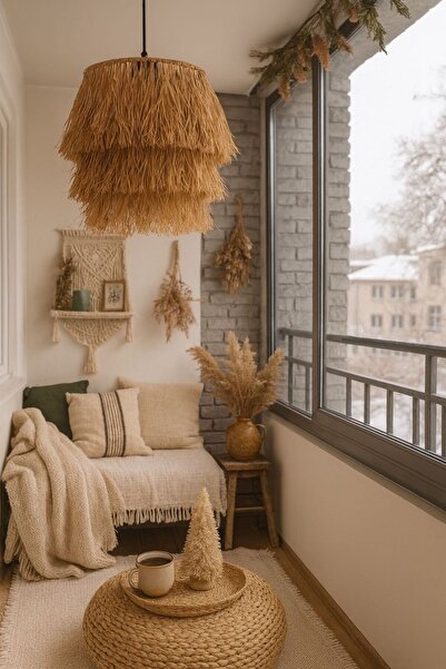 Home Bohem Handmade Üç Katlı Doğal Rafya Hasır Sarkıt Avize