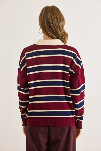 Olalook Pulover tricotat cu dungi pentru femei, bordeaux, bleumarin, cu guler polo KZK-19001030