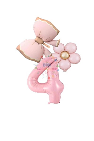 İSTOÇ PARTİ Pink Color Bow Daisy and Number Foil Balloon Set Age 4
