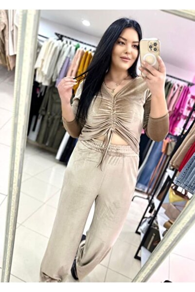 Ferdanur Başaran Büyük Beden Kadife Büzgülü Bel Lastikli V Yaka Kadın İkili Takım