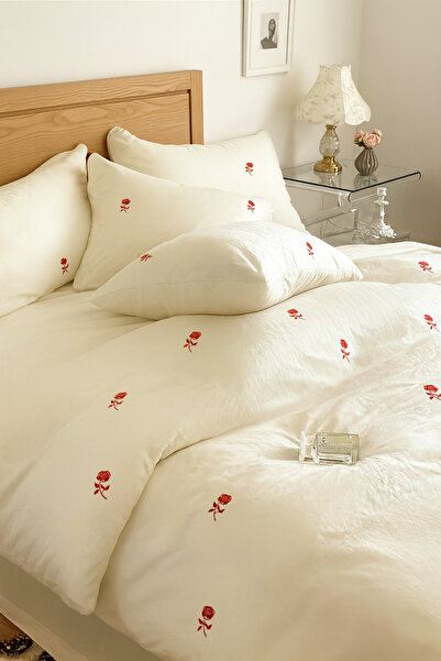 GARDEN ROOM Çift Kişilik Nevresim Seti Rose Kırmızı Organik Pamuk Ekru