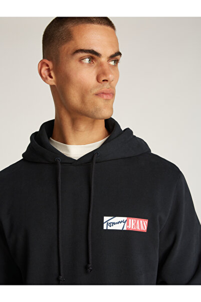 Tommy Hilfiger Men Black Signature Logo Drawstring Hoodie