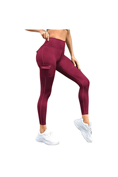 OEM High Waisted Multi-Pocket Sports Leggings, Red -L