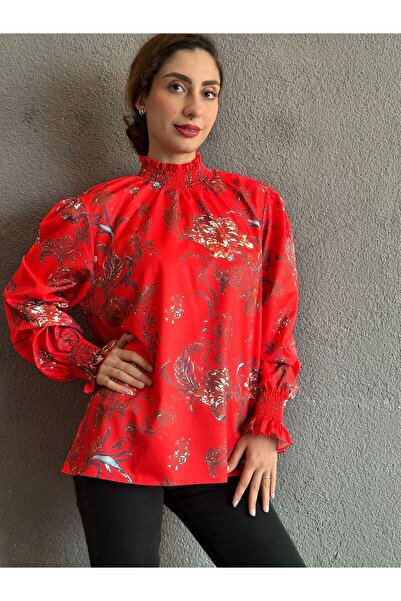 Gönülden Tasarım Red Flowered Drawn-Up Collar Drapey Bluse Shirt L/Xl