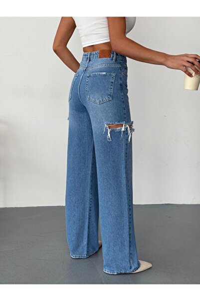 XBELLA DENİM Blugi largi de culoare albastru mediu pentru femei, pantaloni din denim cu talie înaltă, cu laser pe laterale