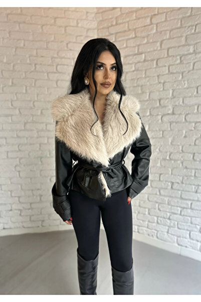 moneta boutique Jachetă de piele pentru femei cu guler din shearling