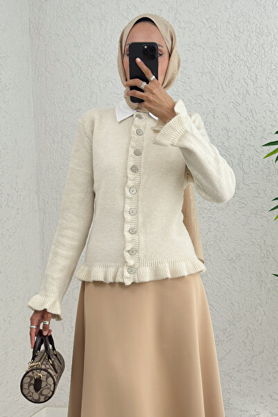 Salih Çelebi Ζακέτα Πλεκτή με Λεπτομέρεια Βολάν 43478 - ECRU