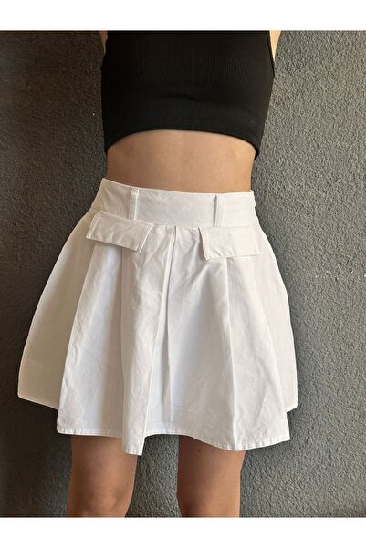 Gönülden Tasarım White Linen Pleated White Skirt with Pocket Details