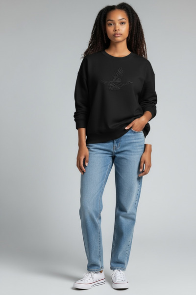 TRENDY Kuş nakış işlemeli siyah modal kumaş yuvarlak yaka sweatshirt