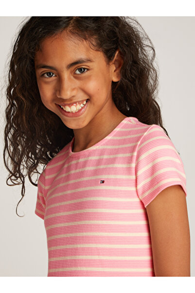 Tommy Hilfiger Girls Pink Sugar Calico Stripe Short Sleeve Stripe Flare Skater Dress