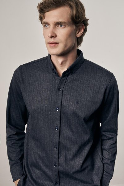 İmza Navy Blue Smart Button Collar Long Sleeve Pocketless Slim Fit Casual Shi...