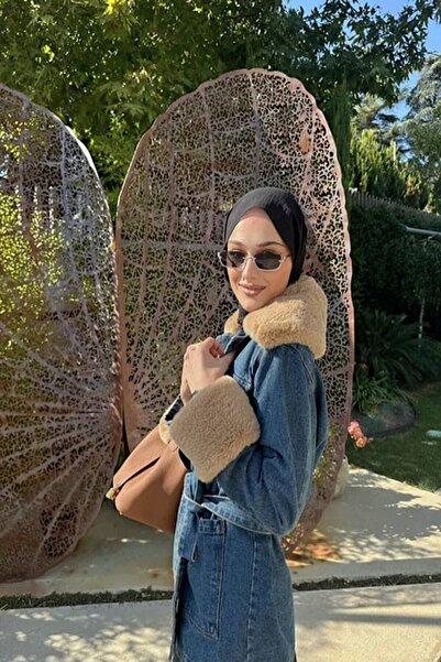 Gülşah collection Jachetă de blugi cu detalii din blană - Albastru închis