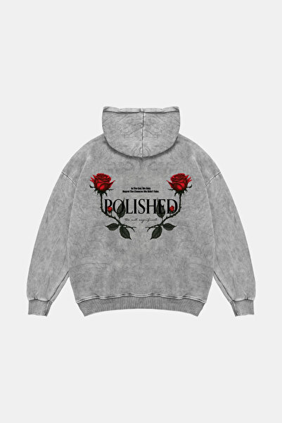 Sekizbiraltı Hanorac alb oversize unisex, spălat, cu imprimeu Rose Polished