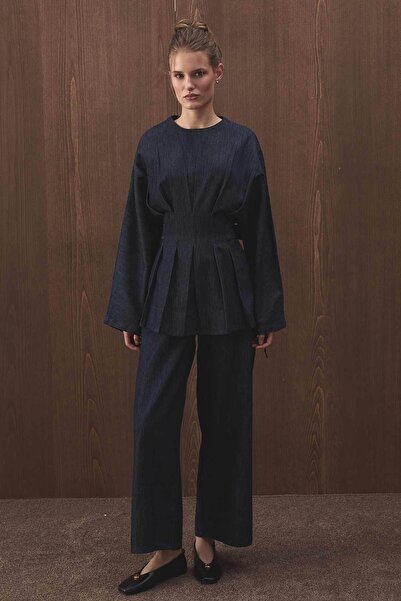 Hooopstore Pile Detaylı Denim Lacivert Bluz