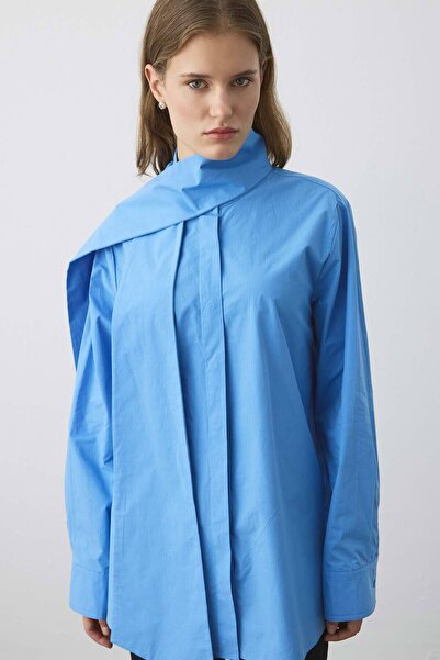 Hooopstore Premium Detachable Tie Detail Poplin Blue Shirt