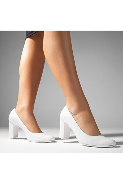 Modlet.ro Women's white leather block heel shoes MOD07647