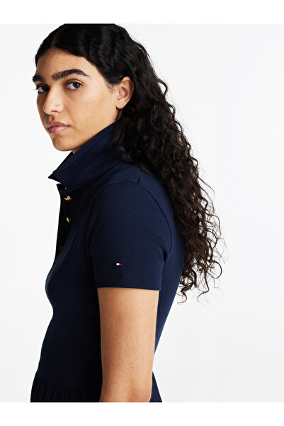 Tommy Hilfiger Women Dark Night Navy Gold-Tone Button Slim Midi Polo Dress