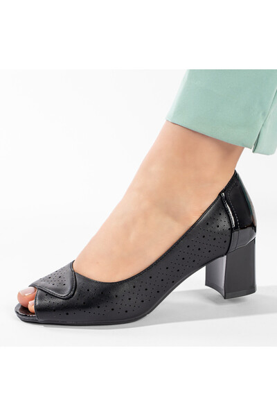 Modlet.ro Pantofi perforați negri pentru femei cu toc gros MOD11214
