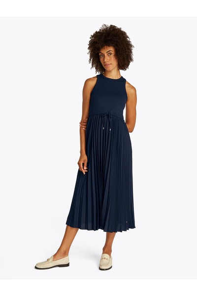 Tommy Hilfiger Women Dark Night Navy Rib Pleated Sleeveless Midi Dress