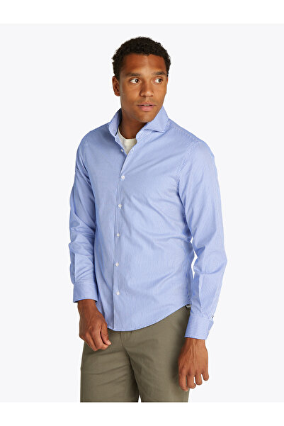 Tommy Hilfiger Men Wedge Blue/Optic White Long Sleeve Smart Casual Slim Fit Striped Shirt