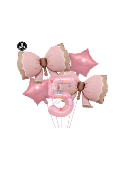 İSTOÇ PARTİ Pink Color Bow Number Star Foil Balloon Set Age 5