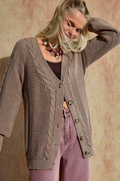 H&E LUXURY DESIGN Dámský hnědý pletený kardigan s výstřihem do V