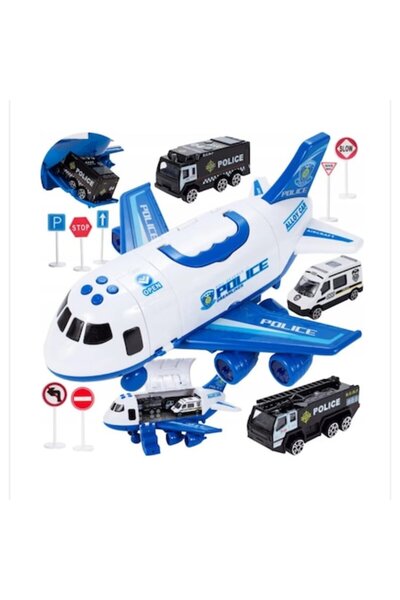Selgot Children's Police Airplane with 3 Police Cars, with Sounds and Lights, White-Blue color