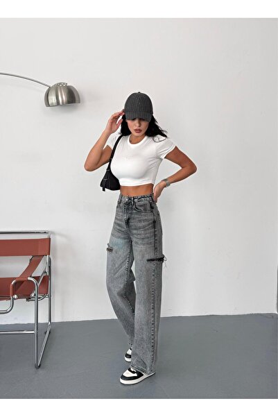 Zeo Basic Жіночі сірі баггі джинси з високою талією, джинсовий матеріал, лазерна обробка з боків