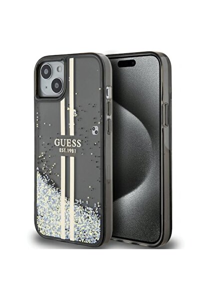 Guess Θήκη για iPhone 15 Μαύρο Υγρό Πολυμερές - Χρυσές Ρίγες με Γκλίτερ