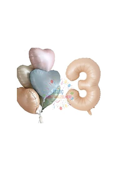 İSTOÇ PARTİ Sand Beige Number and Heart Foil Balloon Set Age 3