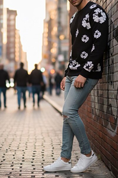 Oksit Karly Two Thread Floral Printed Crew Neck Slim Fit Unisex Sweatshirt