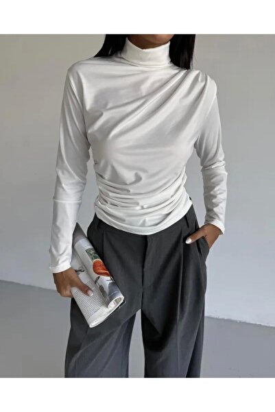 Be Best Women's White Turtleneck Gathered Blouse Be176