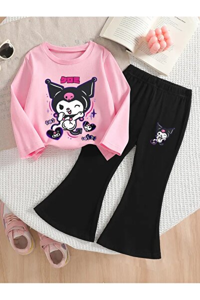 buendiakids Kız Çocuk Pembe-Siyah Sevimli Kuromi Baskılı Bisiklet Yaka İspany...