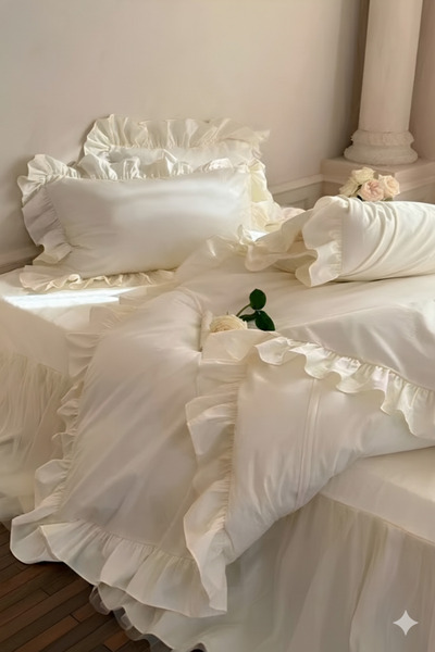 GÖRMEZ TEKSTİL Double Organic Cotton Duvet Cover Set Ruffled Ecru