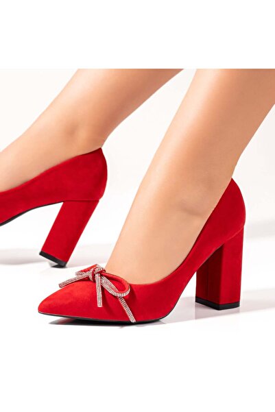 BMoD Women's red suede heeled shoes with a bow MOD06131