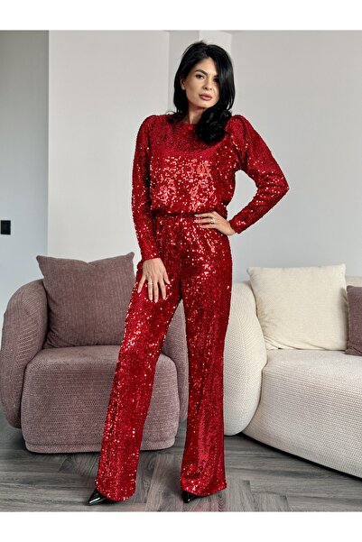 RAMONA BADESCU EXCLUSIVE Women's suit with gold sequins - elegant blouse and wide trousers