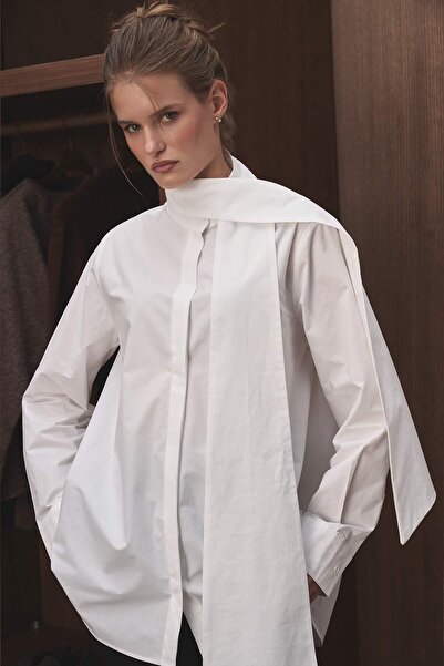Hooopstore Premium Detachable Tie Detail Poplin White Shirt