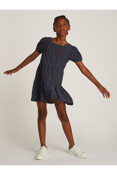 Tommy Hilfiger Girls Dark Night Navy Short Sleeve Polka Dot Print Dress