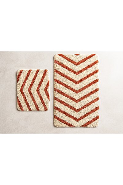 EUROBANO Marta Premium 2-Piece Non-Slip Bath Mat Set – Latex Base Geometric Bone Orange 60X100 60X50 cm