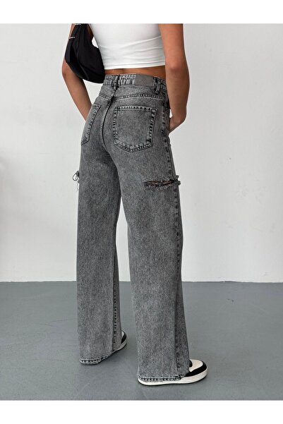XBELLA DENİM Γυναικείο γκρι φαρδύ τζιν ψηλόμεσο τζιν παντελόνι από ύφασμα τζιν με λέιζερ στα πλαϊνά