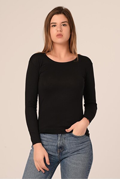 DISENTIS MODEST Черен боди с дълъг ръкав и кръгла яка от памук