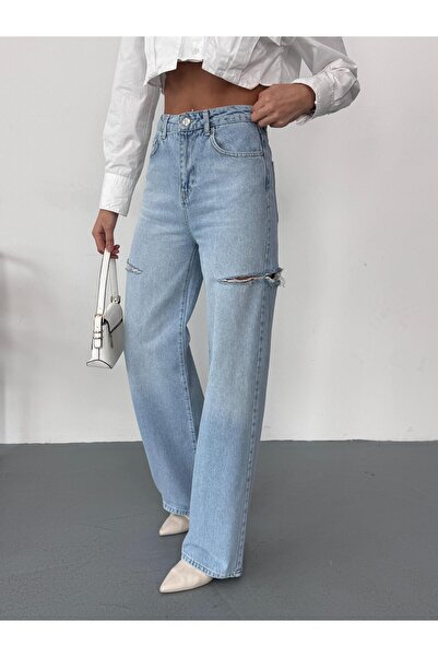 Zeo Basic Blugi largi albastru deschis pentru femei, pantaloni din denim cu talie înaltă, cu tăieturi laterale cu laser