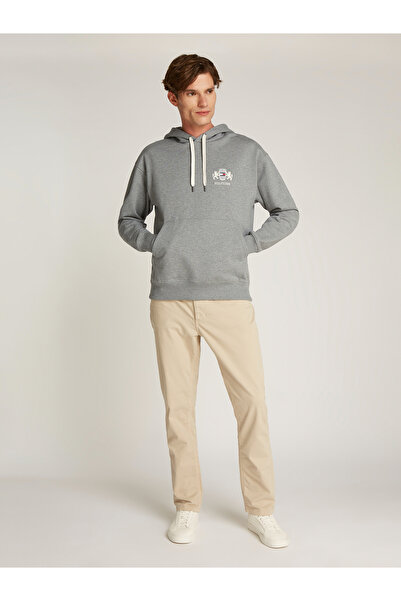 Tommy Hilfiger Men Medium Grey Heather Logo Embroidery Drawstring Fleece Hoodie