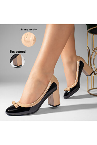 Modlet.ro Women's black and beige glossy block heel shoes MOD10986