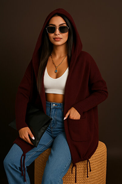 FEMELLE Бордовий капюшонний светр з капюшоном Oversize Трикотажний светр з дв...