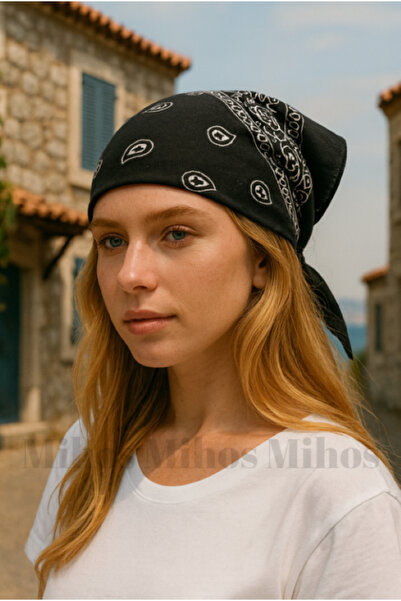 Mihos Ethnic Patterned Black Bandana |   Unisex Cotton Scarf & Headband