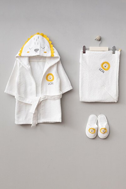 Mini Cotton طقم روب استحمام للأطفال مع نعال بتصميم الأسد