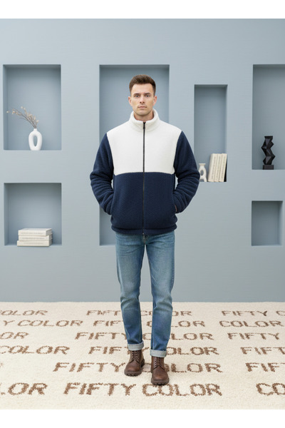 Fifty Color Преміум, унісекс, синьо-білий, кольорові блоки, на блискавці, високий комір, шерпа, поляр, куртка